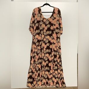 Waiwaolani Floral Maxi Dress Brown Pink Open Back XL 3/4 Sleeve Flowy Pockets